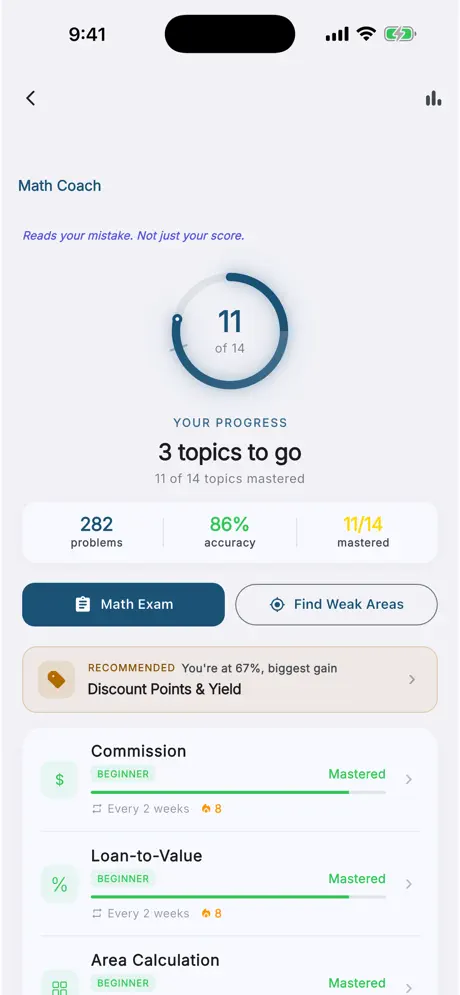 Pass Texas Math Coach showing mastery, accuracy, and recommended real estate math topics