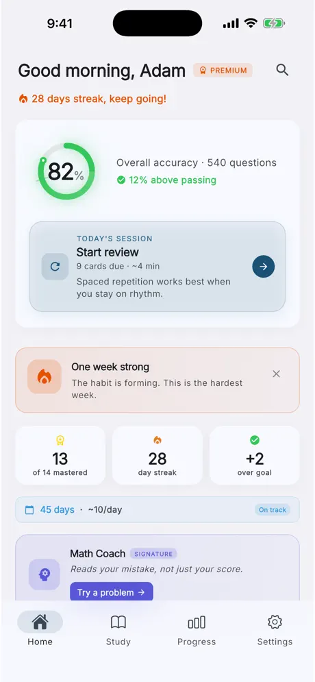 Pass Texas readiness dashboard showing accuracy, mastered areas, study streak, and the next review session