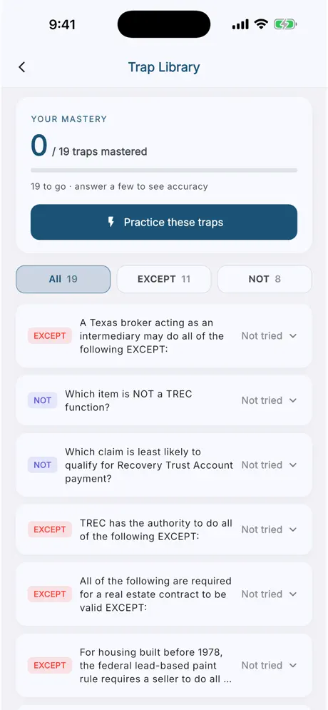 Pass Texas Trap Library with Texas TREC, EXCEPT, and NOT practice questions